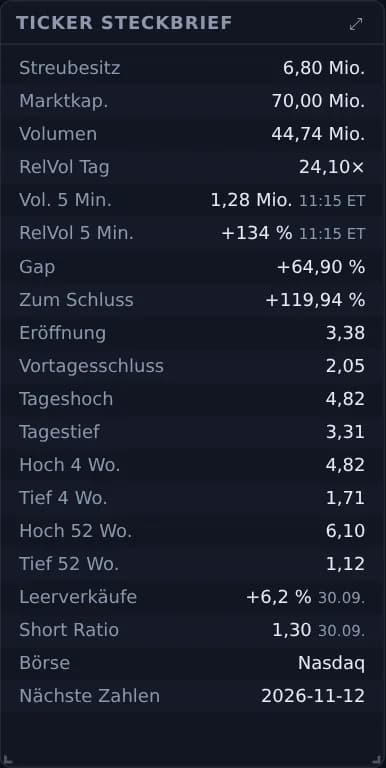 Ticker Steckbrief mit Float, Marktkapitalisierung, Volumen und Spannen (Beispieldaten)