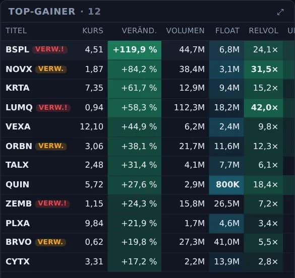 Top-Gainer-Liste mit Kurs, Veränderung, Volumen, Float, relativem Volumen und Markierungen (Beispieldaten)
